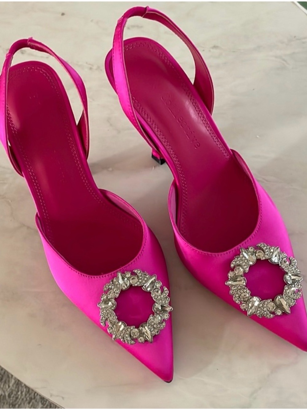 Fuchsia Satin Slingback Heels with Crystal Wreath Accent